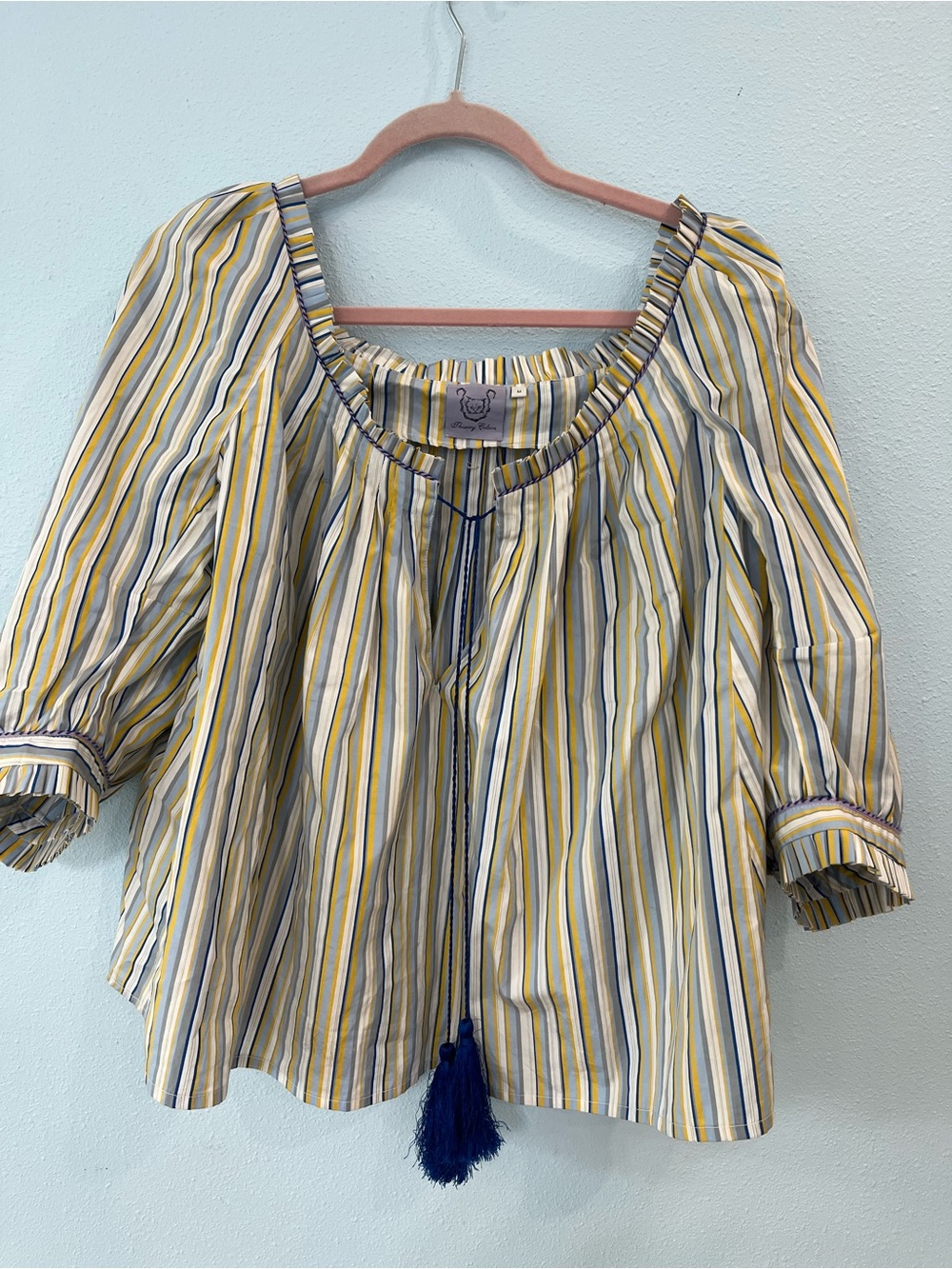 Striped Peasant Blouse with Tassel Tie in Yellow, Blue & Cream- Thierry Colson